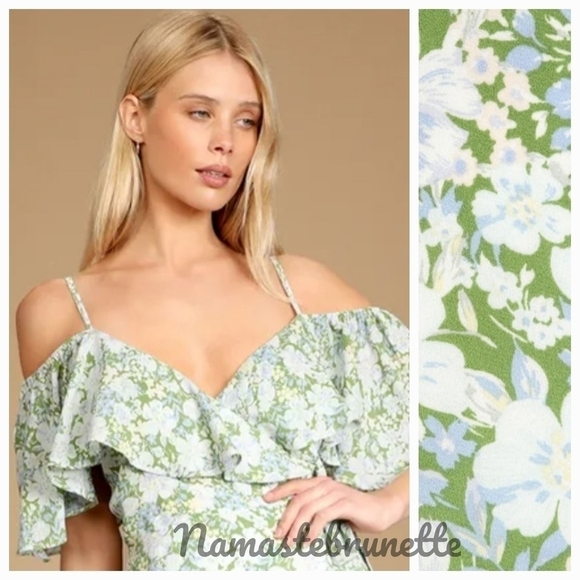 Nwt Lulu's S Green Floral Print Cold Shoulder Wrap Dress - Picture 3 of 14